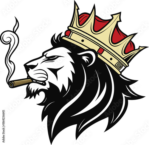 Dominant lion profile wearing a detailed royal crown, calmly smoking a cigar. Luxurious brand logo design.