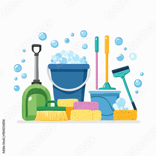 Cleaning Supplies and Bubbles Illustration for Home Hygiene.
