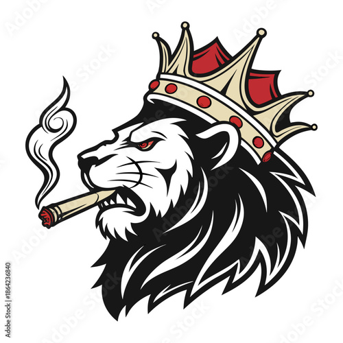 Fierce lion king mascot wearing a royal crown, fiercely smoking a cigar. Power and luxury vector logo.