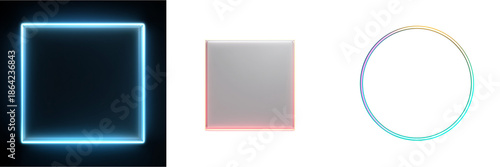 Illuminated geometric shapes: a glowing neon square, a radiant grey square, and a vibrant circle.