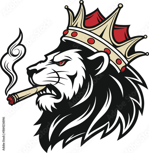 Fierce lion king mascot wearing a royal crown, fiercely smoking a cigar. Power and luxury vector logo.