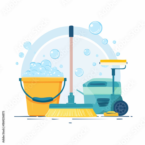 Cleaning supplies and equipment for household chores.