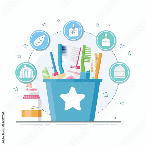 Cleaning supplies in a blue bucket with a star, surrounded by cleaning-related icons, illustrating household chores and hygiene.