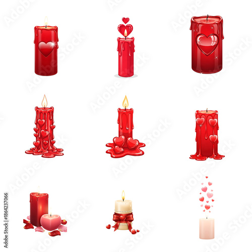 Romantic red heart candles with flames