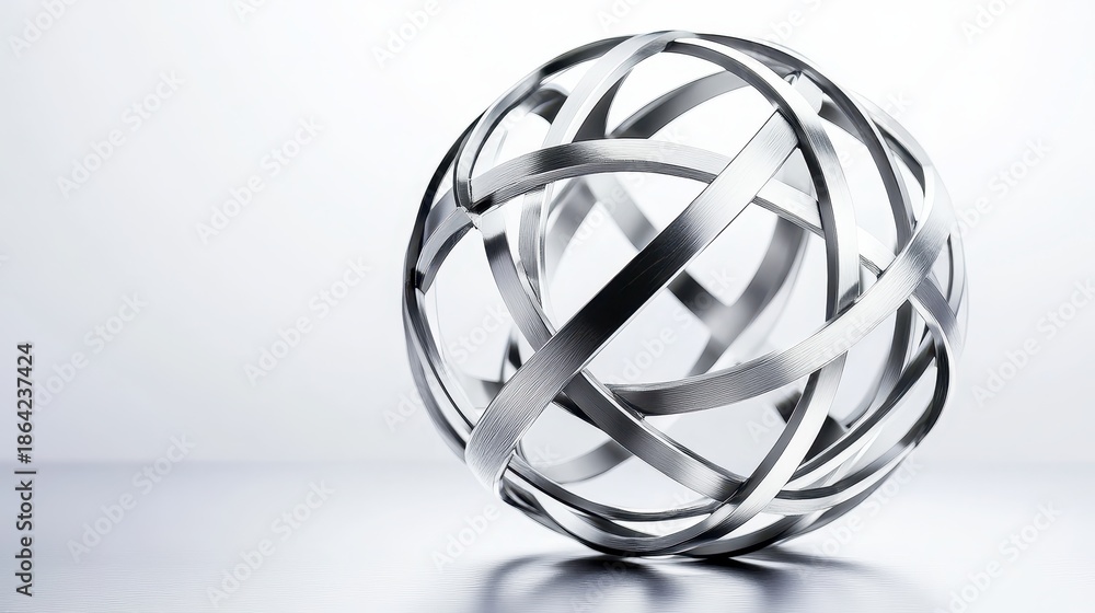 Obraz premium A precisely crafted interlocking metal sphere sculpture with intricate geometric design against a clean white background