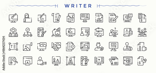 Writer icon set. Content line icon set. Web icons pack. Containing content, author, pen, article and more. Editable stroke. Vector illustration.