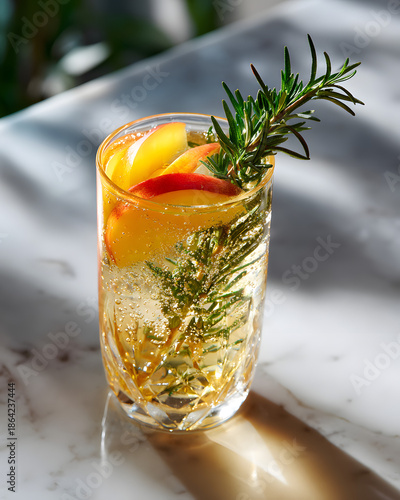 Refreshing peach rosemary cocktail in a crystal glass on a marble table with bright sunlight and shadows. Sparkling summer drink with fresh fruit slices and herb garnish.