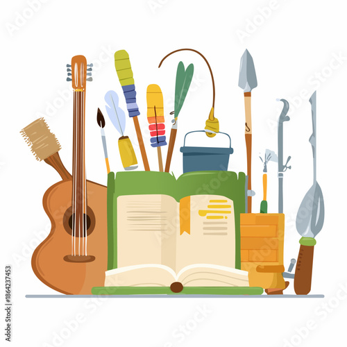 Collection of hobbies and creative tools arranged around an open book.