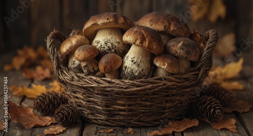 Wallpaper Mural freshly harvested cep mushrooms in a rustic woven basket with autumn foliage and pinecones on weathered wood. Torontodigital.ca