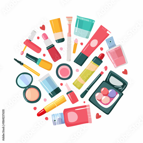 Collection of Makeup Products Arranged in a Circle.