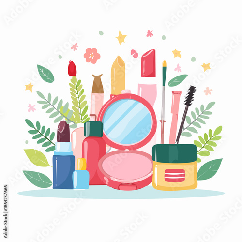 Collection of Makeup and Beauty Products Surrounded by Greenery.