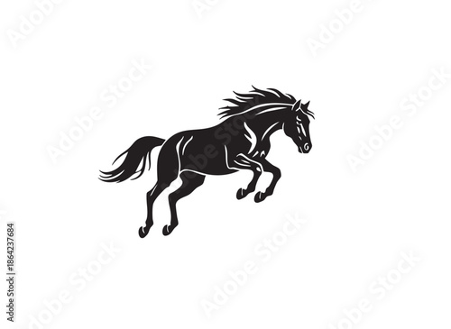 Black horse vector illustration featuring a wild mustang stallion silhouette running at high speed with a flowing mane isolated on white
