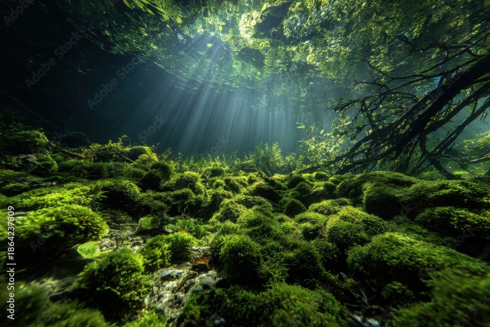 Fototapeta premium Sunlight streams through underwater mossy grotto