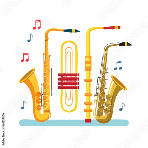 Collection of Musical Instruments Saxophone Trumpet and Notes.