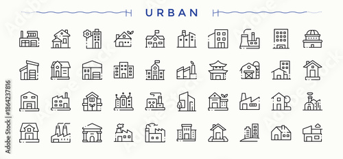 Urban vector line icon set. Urban icon set. Line symbol and sign. It contains symbols to building, cities, transport, town, transportation, city. Editable stroke. Vector collection.