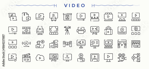Video icon set. Minimal icons pack. Editable vector art. Play icon set. Containing film, screen, play, movie, cinema, broadcast, media and more.