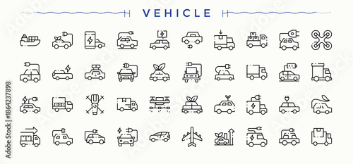 Vehicle icon set. Included taxi, automobile, ev, bus, car. Car icon set. Set of line pictogram. Vector illustration in modern line style.