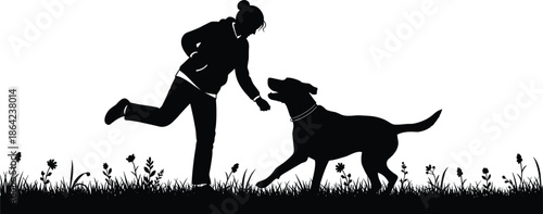 Black And White Silhouette Illustration Of Person Playing With Dog In Grassy Field, Minimalist Pet Owner Interaction, Dynamic Outdoor Nature Vector, Friendship Concept