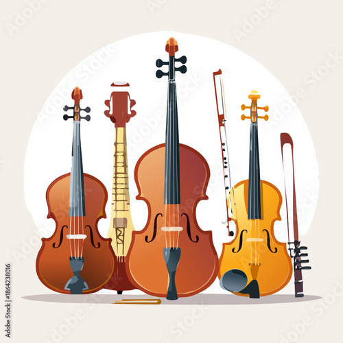 Collection of String and Wind Musical Instruments.