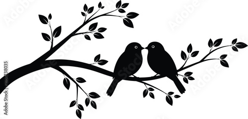 Black and White Silhouette Illustration of Two Birds Perched on Tree Branch with Leaves in Minimalist Romantic Nature Style Vector