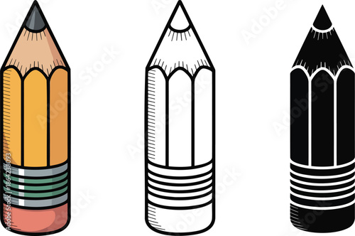Sharpened pencil silhouette & Outline and illustration set isolated on transparent background