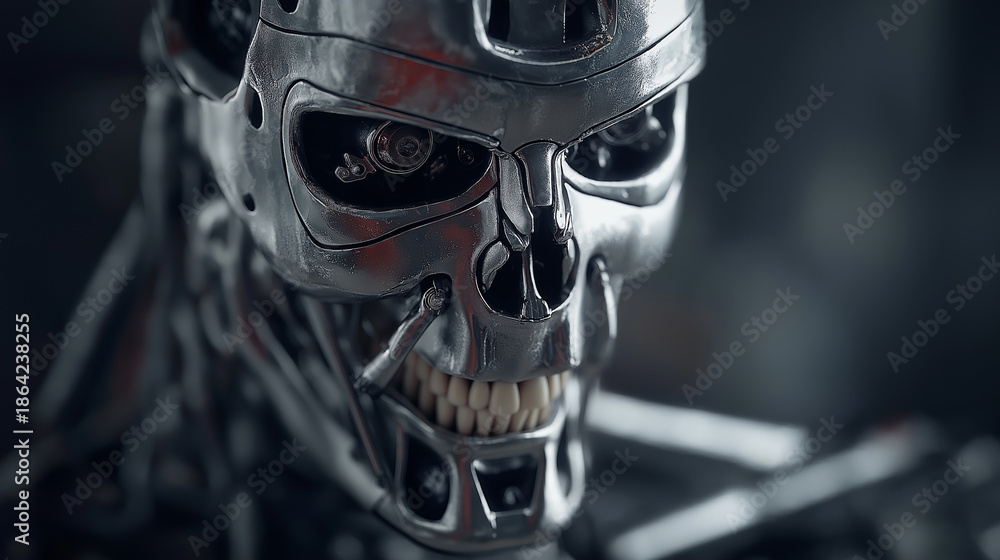 Fototapeta premium Detailed futuristic cyborg skull revealing advanced mechanical structure and artificial intelligence. 