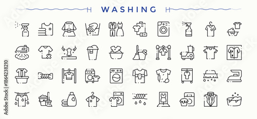 Washing modern icon set. Modern vector UI icons. Wash icon collection. Pack of washer, sanitizing, cleaner, dryer wash, bathing, cleaning and more.