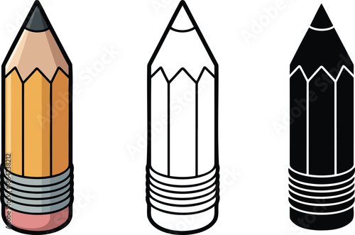 Sharpened pencil silhouette & Outline and illustration set isolated on transparent background