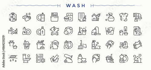 Wash icon pack. Icons for application. Wash icon set. Contain linear sign housekeeping, cleaning, hygiene, sweep and more.