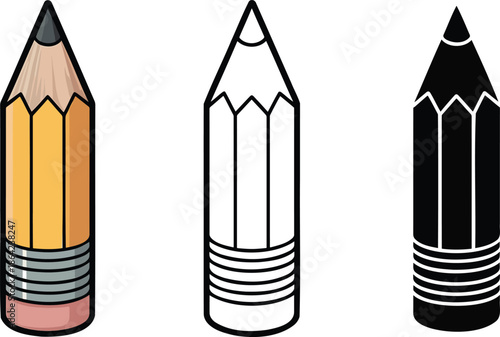 Sharpened pencil silhouette & Outline and illustration set isolated on transparent background