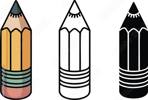 Sharpened pencil silhouette & Outline and illustration set isolated on transparent background