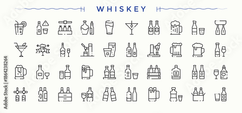 Whiskey icon set in linear style. Minimalist icons collection. It contains symbols to bar, drink, vodka, restaurant, cocktail. Pictogram and infographic. Vodka icon set.