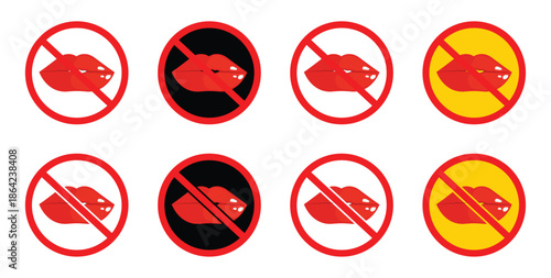 No kissing vector sign. Red lips icon in red circle with crossed line. No kiss concept.