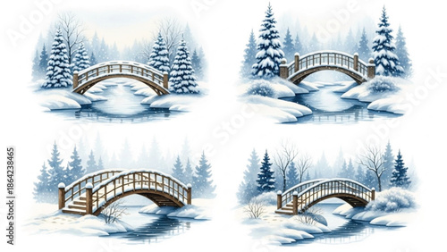 Winter Snowy Wooden Bridge Over Frozen River in Forest Watercolor Illustration Set