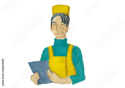 メニューを持っている笑顔の黄色いエプロンをして帽子を被ったシニアの男性店員