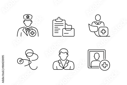 A collection of six medical icons representing healthcare professionals, records, and patient care.