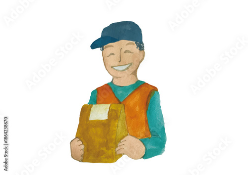 荷物を配達する笑顔のシニアの男性配達員