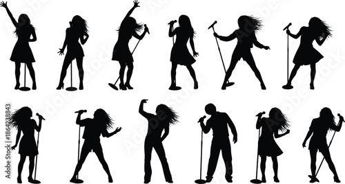 Black female singer silhouettes collection, performer holding microphone stand, energetic stage poses, dynamic dance moves, music concert artist set, white background,