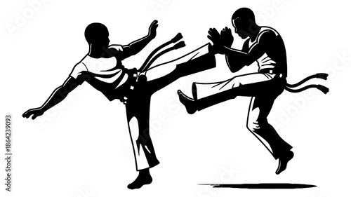 capoeira fight, silhouette, flat design, isolated on white