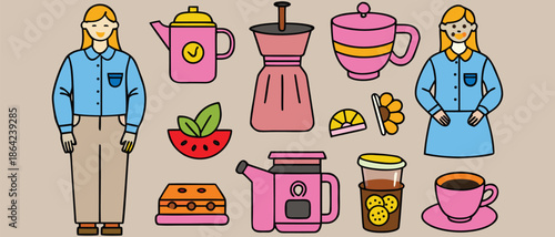 Vector illustration of a colorful set of fresh summer breakfast accessories featuring cartoon food icons like strawberry jam jars, milk bottles, egg cups, and glass juice drinks
