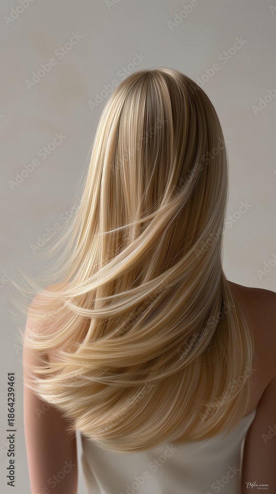 Naklejka premium Back view portrait of a blonde woman with smooth hair against a clean neutral background. 