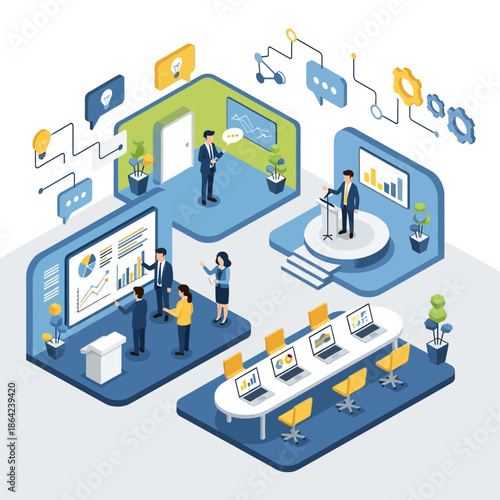Isometric illustration of business professionals in various meeting and presentation settings, showcasing collaboration, technology, and communication.
