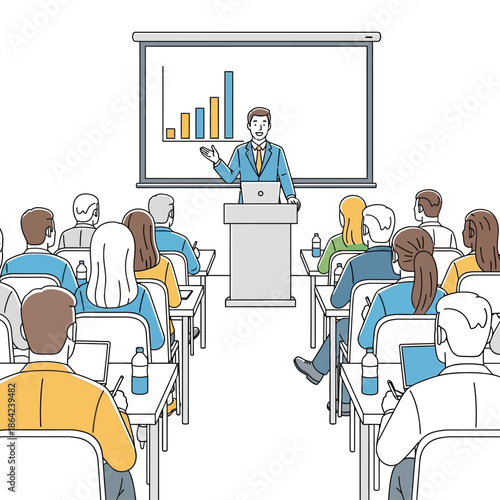 An illustration depicting a business professional giving a presentation to an attentive audience in a conference room, with a bar graph displayed on a projector screen.