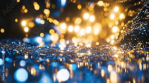 Abstract mosaic composed of tiny shimmering tiles in blue and gold with glowing bokeh lights