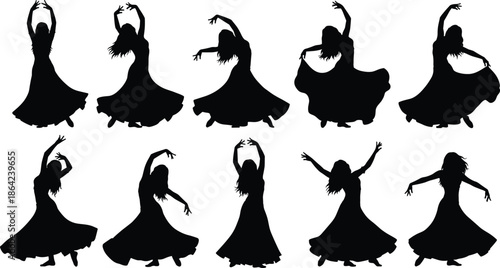 Black, and, white, belly, dance, silhouette, set, of, ten, poses, flowing, dresses, oriental, dancer, movement, ethnic, performance, graceful, woman, acting