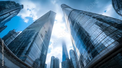 Twin skyscrapers reaching sky