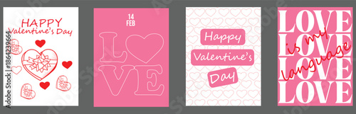Collection of four distinct pink and white graphic designs celebrating the romantic spirit of valentine's day