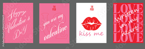 Collection of four vibrant graphic designs featuring romantic messages perfect for Valentine's Day celebrations