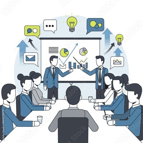 Business meeting illustration with presenters, charts, and attendees discussing ideas and growth.
