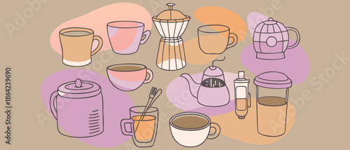 Vintage vector illustration set of cosmetic products and breakfast kitchen icons featuring a coffee mug tea cup and cake pattern design for a cafe restaurant menu